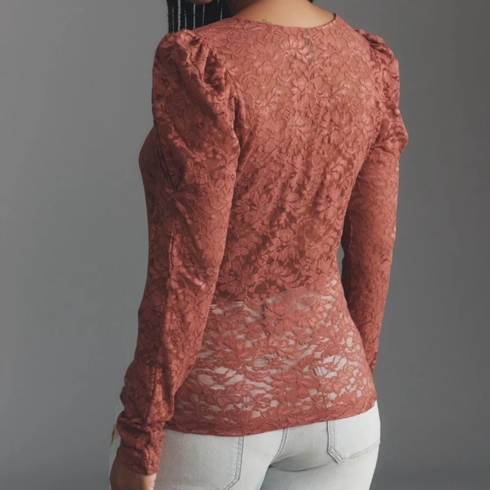 Anthropologie Effortless Regency Puff-Sleeve Sheer Long Sleeve Lace Top Size XS - Picture 10 of 11